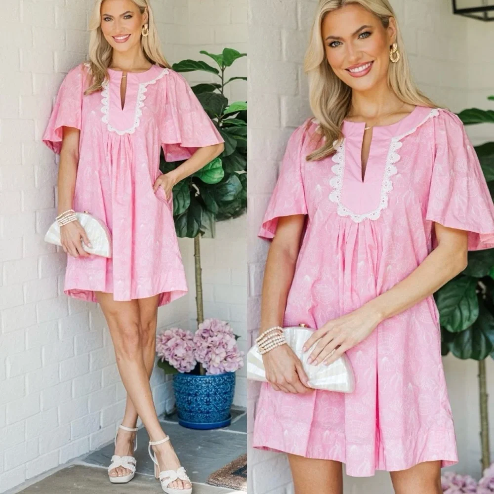 Mint Julep Boutique Pink White Ditzy Lacy Floral Cotton Dress Pockets Large NWT